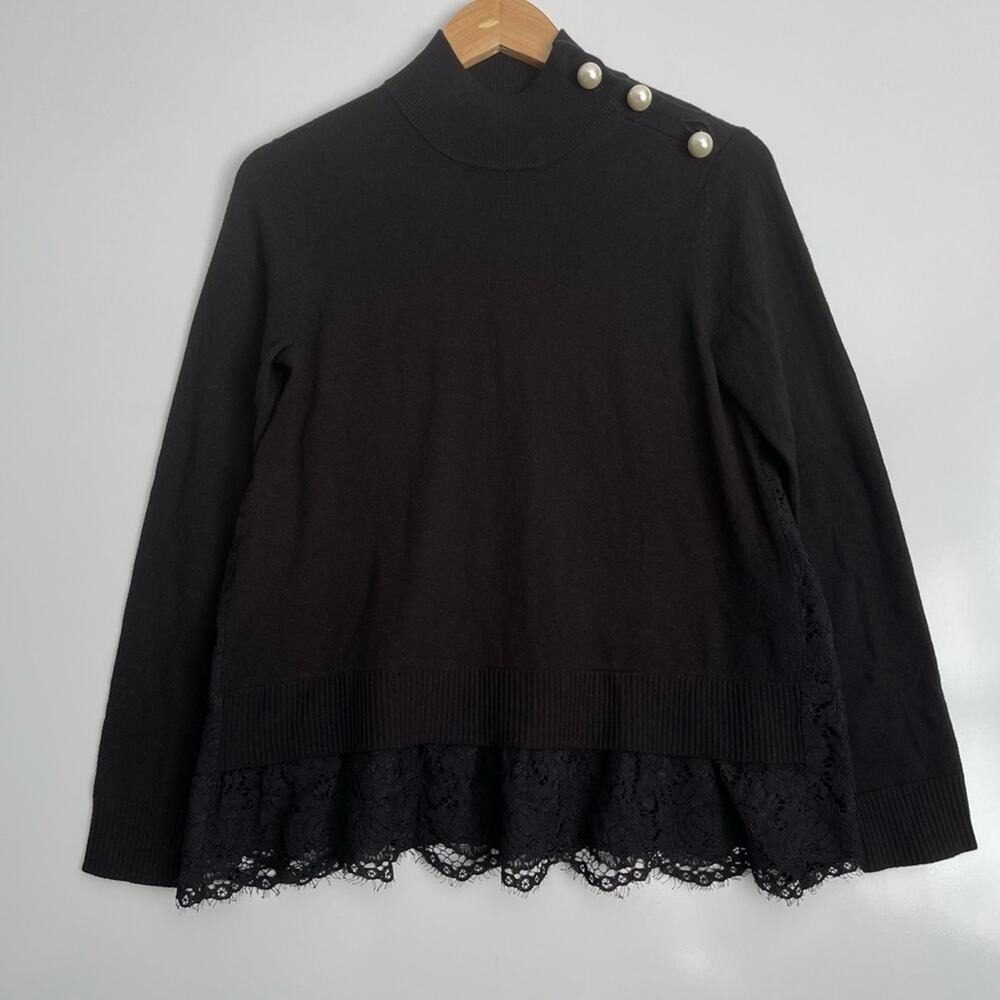 SPRING SALE! Kate Spade Broome Street Lace Pearl Button Black Sweater Small - Picture 2 of 9